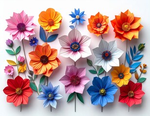 Fototapeta premium Assortment of Vibrant Paper Flowers in Various Colors and Sizes on White Background
