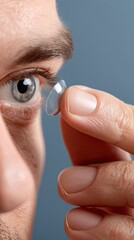 Fototapeta premium Close-up of a man's hand placing a contact lens in his eye against a blue background with soft lighting for a professional look