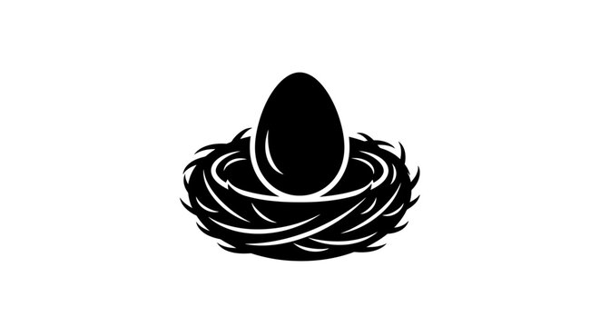 Black Silhouette of Egg in Bird Nest Icon on White