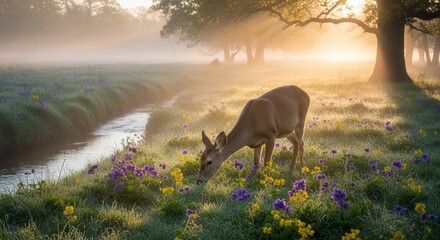 Fototapeta premium Deer grazing in a misty meadow with wildflowers