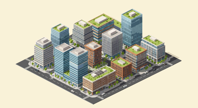 Isometric city block with modern buildings and numerous green roofs.