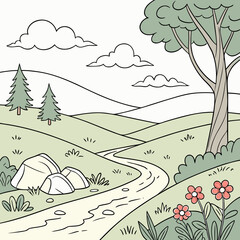 Naklejka premium Whimsical coloring page landscape with stream and flowers