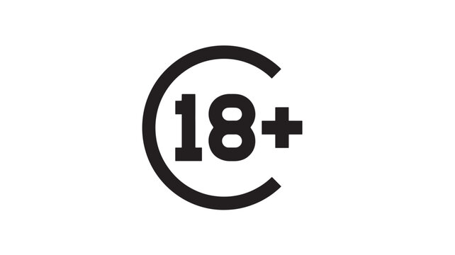 Circle with number 18 and plus sign graphic icon, representing adult content rating and age restriction, simple black and white.