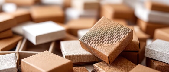 Brown paper food packaging boxes arranged on a surface with various colors and sizes creating a simple display for food storage and delivery