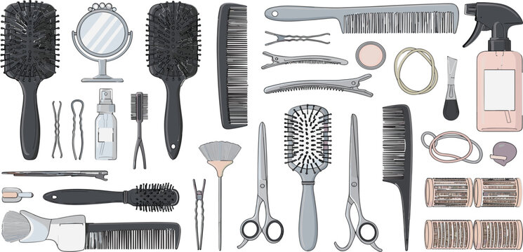 Professional hair styling tools and accessories collection including brushes combs scissors rollers mirror and spray bottle vector illustration set