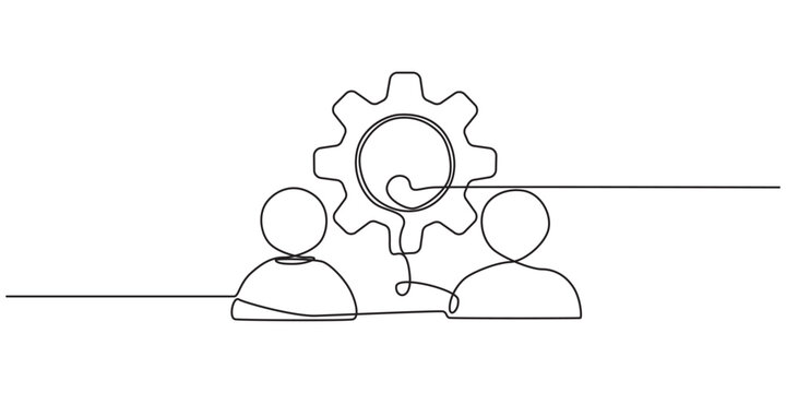 Technical expert symbol vector one line drawing, Technical Support Icon vector - Gear, Person, and Briefcase, The concept of a group of technical professionals. Vector icon isolated.