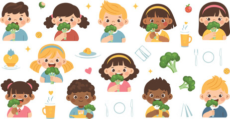 Fototapeta premium Cute kids eating broccoli and healthy vegetables, happy children enjoying nutritious food cartoon vector illustration set for healthy eating education