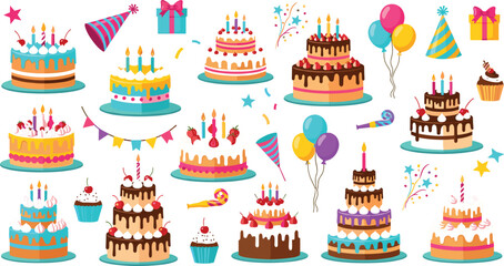 Birthday cake collection with candles, balloons, party hats and cupcakes, colorful celebration dessert vector illustration set for party decoration and greeting design © MstMukta