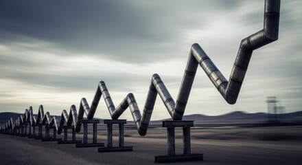 Oil pipeline shaped like a rising financial graph. Global energy crisis concept showing growth of fuel prices. Industrial infrastructure representing supply volatility and market trend.