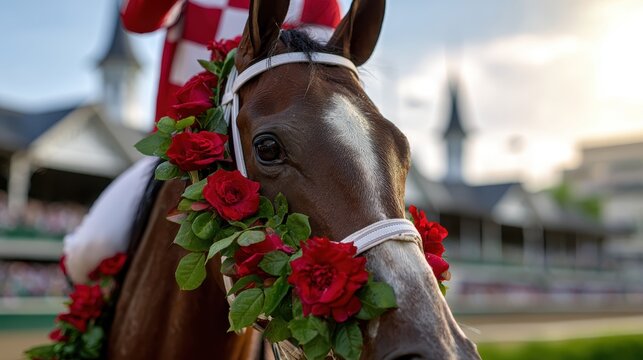horse racing fashion, a triumphant jockey stands with a proud, sweaty racehorse adorned in red roses in the winners circle under the golden hour light