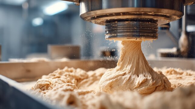 Vibrant photo of Industrial food processor mixing bread dough in a factory