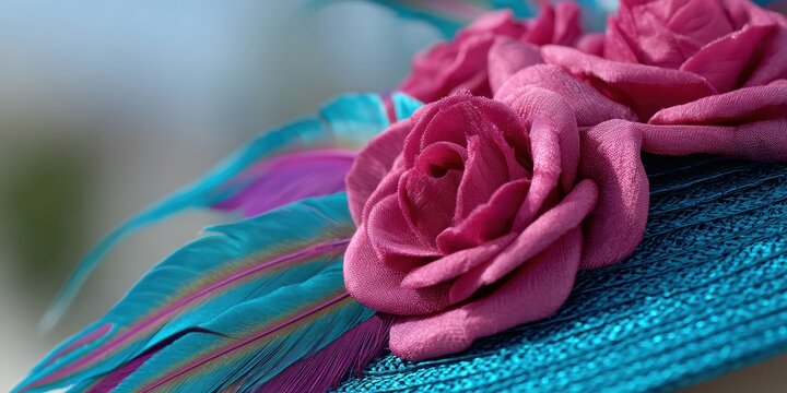 fashion photography, a detailed close-up of a luxurious kentucky derby fascinator hat with vibrant feathers, silk roses, and delicate netting, illuminated by sunlight