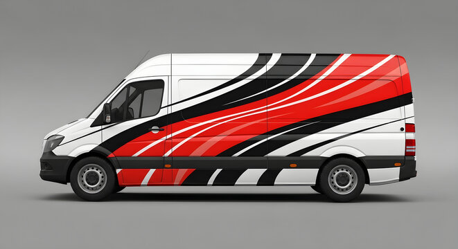 Custom van mockup design with red black and white graphics for vehicle wrapping and advertising