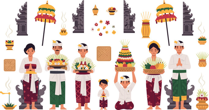 Balinese traditional ceremony characters with offerings and temple decorations, Bali culture festival vector illustration collection