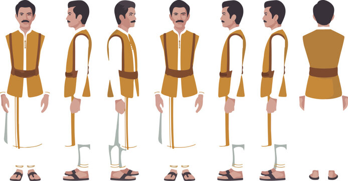 Indian man character turnaround sheet wearing traditional ethnic clothing dhoti and vest isolated on white background flat vector