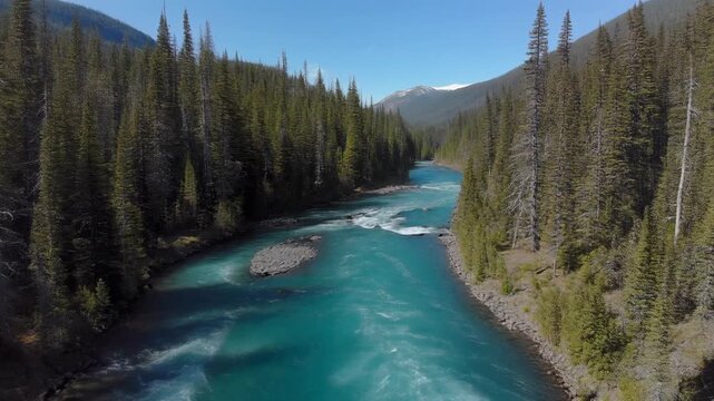 Drone Flyover Of Crystal Clear River Flowing Through Dense Green Pine Forest