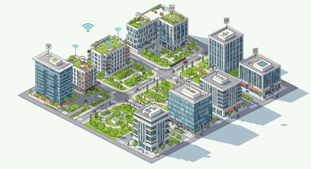 An isometric illustration depicts a smart city with modern buildings, green roofs, roads, parks, wifi, and location pins.