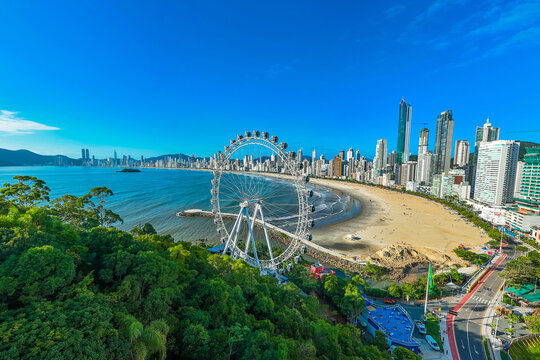 Beautiful Aerial View of Balneario Camboriu City and Beach With Ferris Wheel on the Hillside