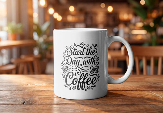 White Coffee Mug Mockup on Wooden Cafe Table
