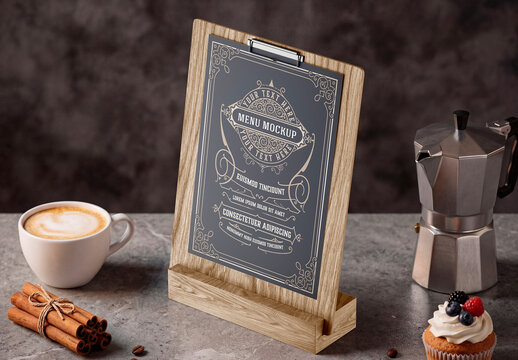 Cafe clipboard menu mockup with coffee and dessert on table