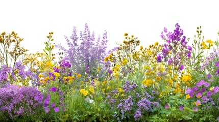 Naklejka premium Vibrant Wildflower Meadow in Full Bloom with Purple and Yellow Hues.