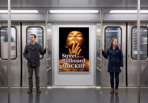 Subway Commuters Near Vertical Ad Mockup