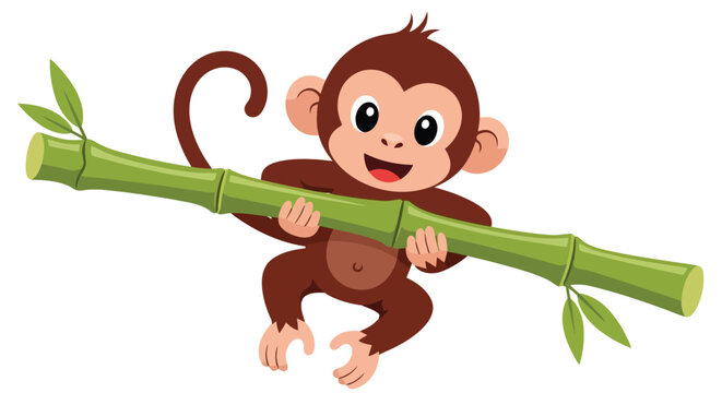 Cute cartoon monkey holding a bamboo branch.
