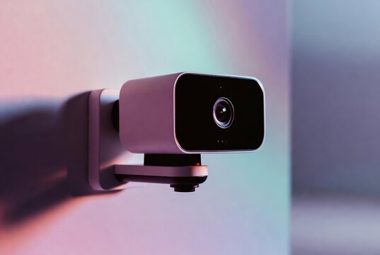 A Logitech Brio webcam is mounted on a wall, suggesting video conferencing.