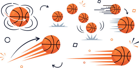 Fototapeta premium Basketball motion and action icons showing bouncing, spinning and flying balls with speed lines, dynamic sports movement vector illustration set