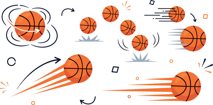 Basketball motion and action icons showing bouncing, spinning and flying balls with speed lines, dynamic sports movement vector illustration set