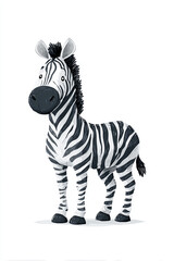 Fototapeta premium A cute cartoon zebra stands gracefully with bold black and white stripes. This clean vector illustration features a friendly expression and simple lines, perfect for children’s book designs.