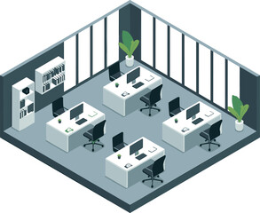Fototapeta premium Isometric modern office workspace with desks, computers, chairs, plants and shelves, corporate workplace interior design vector illustration