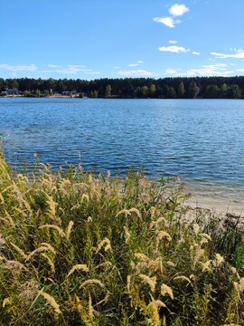 Post industrial Naklo Chechlo reservoir converted to recreational area from industrial pit mining. Landscape near Tarnowskie Gory, Poland.