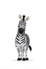 Fototapeta premium A cute cartoon zebra stands gracefully with bold black and white stripes. This clean vector illustration features a friendly expression and simple lines, perfect for children’s book designs.
