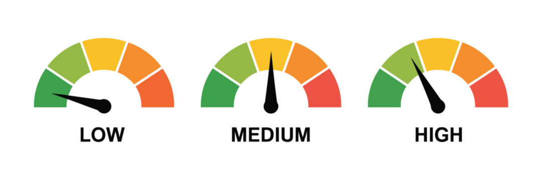 Vector set of three semi-circular performance meters, color-coded with green, yellow, and red sections, black needles indicating low, medium, and high readings, suitable for analytics dashboards, repo
