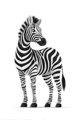 Fototapeta premium A cute cartoon zebra stands gracefully with bold black and white stripes. This clean vector illustration features a friendly expression and simple lines, perfect for children’s book designs.