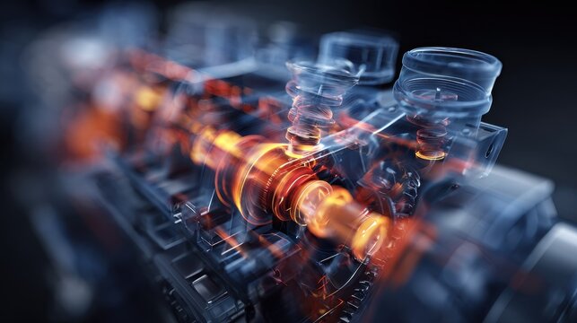 Vibrant photo of 3D rendered illustration of a high-performance combustion engine