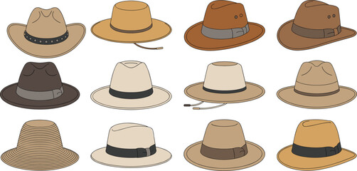 Professional hat vector icon set featuring cowboy fedora and safari sun hats with detailed bands for fashion travel and outdoor headwear illustrations. © Shorif