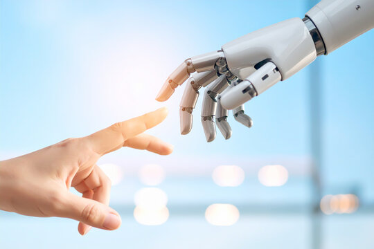 Hand eines Menschen, ber&uuml;hrt Hand eines Roboters, K&uuml;nstliche Intelligenz 