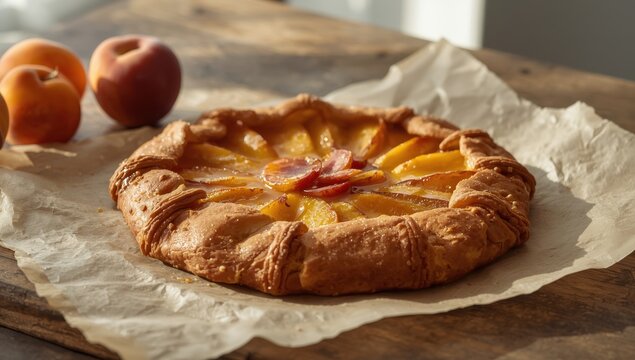 Honey-drizzled summer apricot tart on parchment. Horizontal presentation