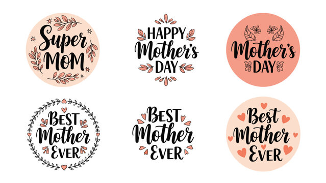collection of six mother day greeting badges with floral decorations and heart icons in soft pink and black tones.