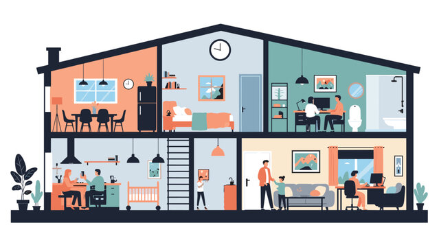 architectural cross section of a modern house showing people living in different rooms like the kitchen and bedroom.