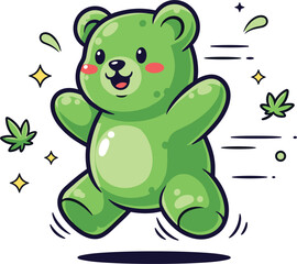 Naklejka premium Cute Green Cannabis Bear Cartoon Vector Illustration with Funny Teddy Character, Marijuana Leaves, and Playful Weed Mascot Design