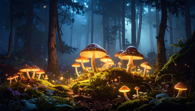 Enchanted forest scene with glowing mushrooms and ambient light