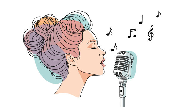 Profile illustration of a woman singing passionately into a classic vintage microphone with musical notes floating in the air around her.