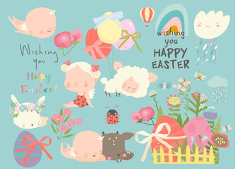 Naklejka premium Cartoon Easter Set With Little Cartoon Angels, Ester Eggs and Flowers