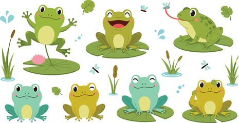 Fototapeta premium Cute Frog Character Collection with Cartoon Frogs Sitting and Jumping on Lily Pads with Pond Plants, Dragonflies, and Nature Elements Vector Illustration Set