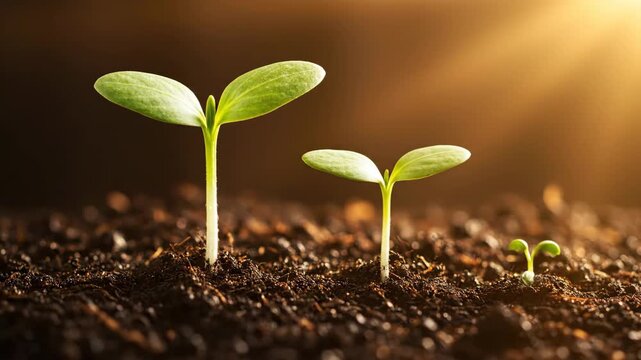 Sequence of a young plant growing from sprout to seedling in rich soil. A business metaphor for development, investment, new beginnings and achieving future potential