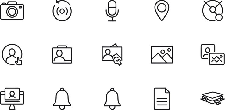 Multimedia and user interface outline icon set with camera, microphone, location pin, profile avatar, gallery images, notification bell and document file symbols