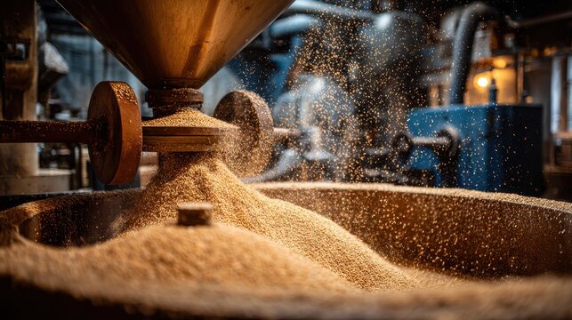 Vibrant photo of Grain being processed in a milling machine